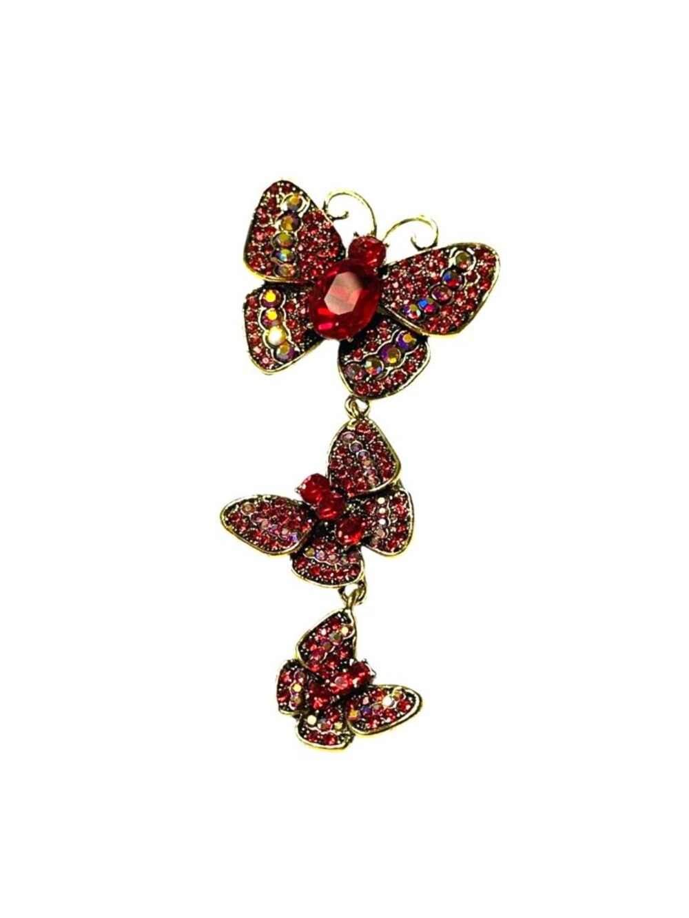 Red Iridescent Crystal Triple Butterfly Brooch Gold Tone